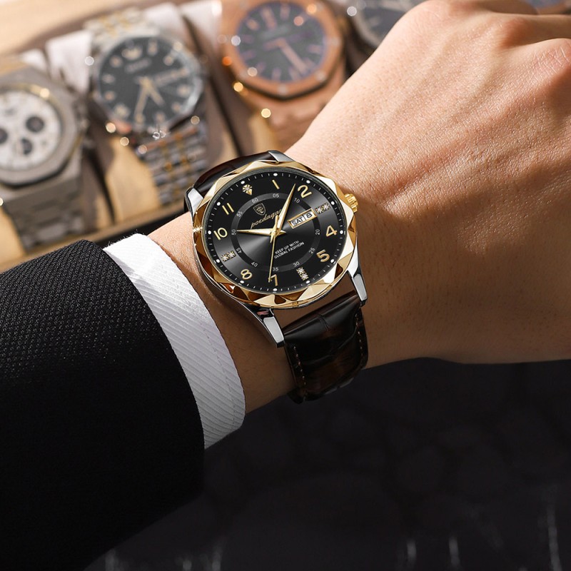 Trendy waterproof watch. Men's fully automatic mechanical watch with dual calendars, quartz movement and luminous function, a wristwatch